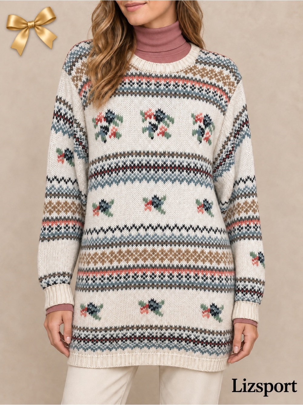 Vintage Lizsport Fair Isle Floral Cotton Sweater Medium Ivory